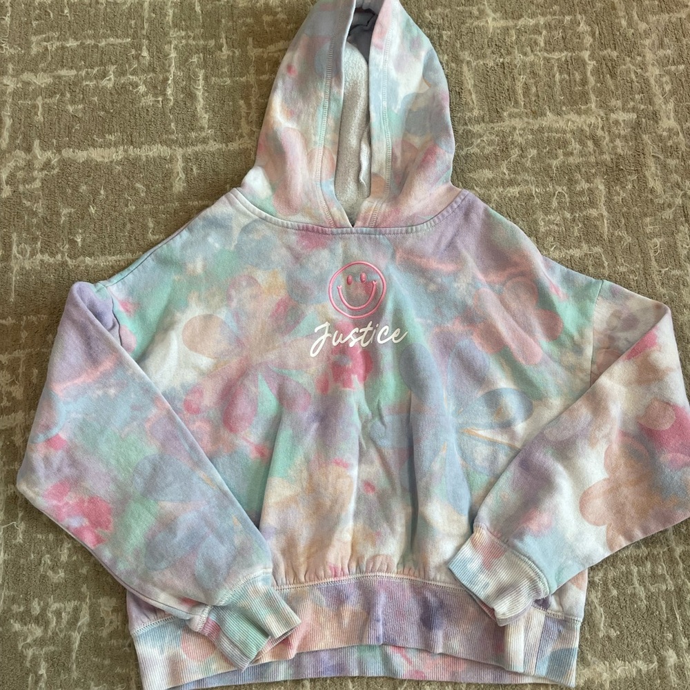 Justice Pastel Tie-Dye Pullover Hoodie with Subtle Smiley Accent